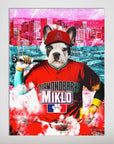Personalized pet poster featuring a French Bulldog in an Arizona Diamondbacks baseball uniform against a vibrant city skyline.