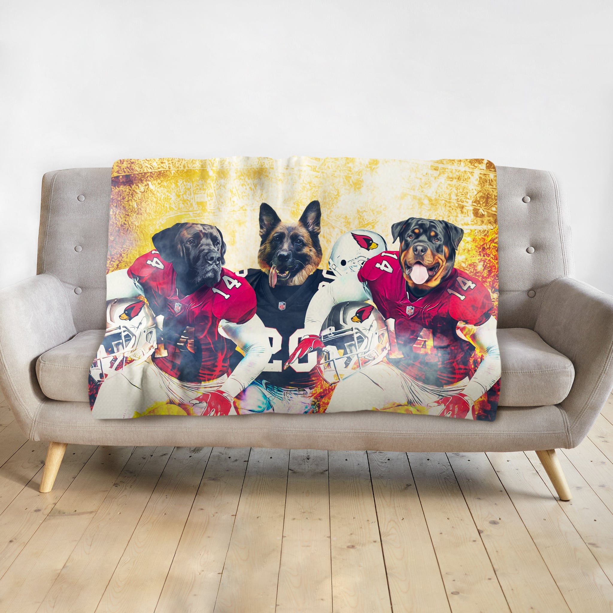 Personalized 3-pet blanket featuring dogs in Arizona Cardinals football uniforms.