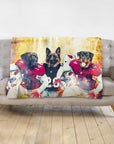 Personalized 3-pet blanket featuring dogs in Arizona Cardinals football uniforms.