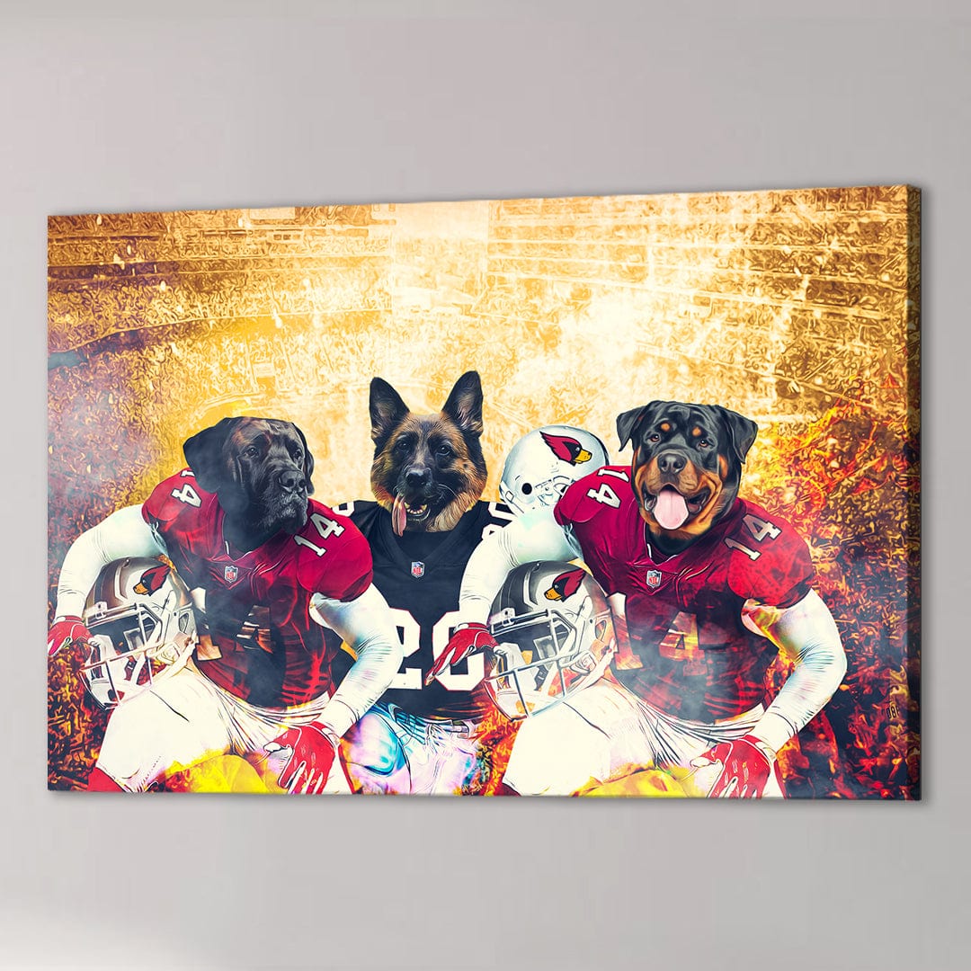 Custom canvas of three dogs as football players in red and black uniforms with helmets.