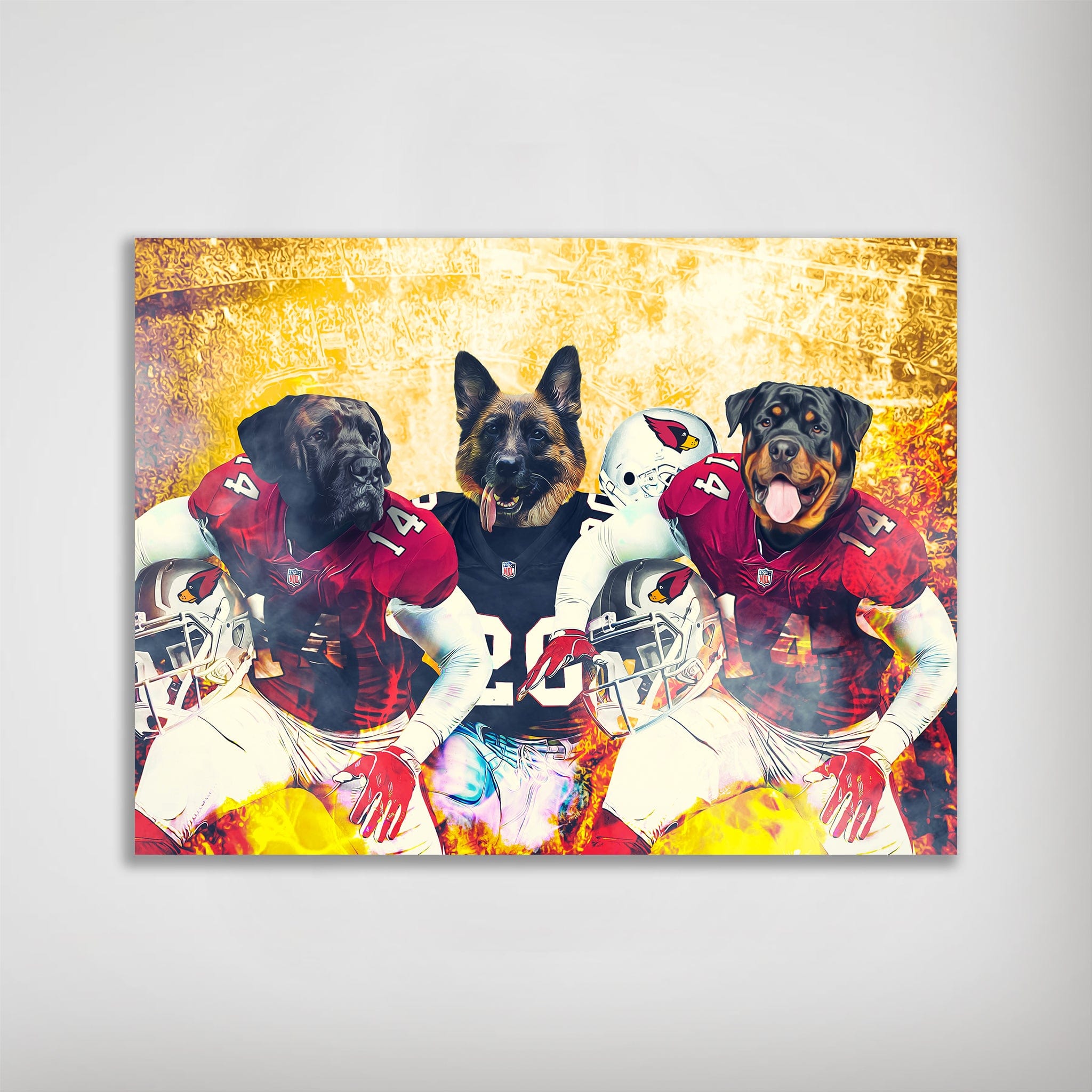 Personalized 'Arizona Doggos' poster featuring three dogs in football uniforms with a fiery background.
