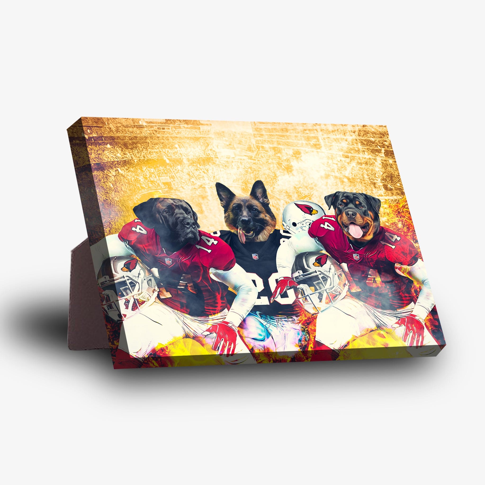 Personalized canvas featuring three dogs in Arizona Cardinals football uniforms with a fiery background.