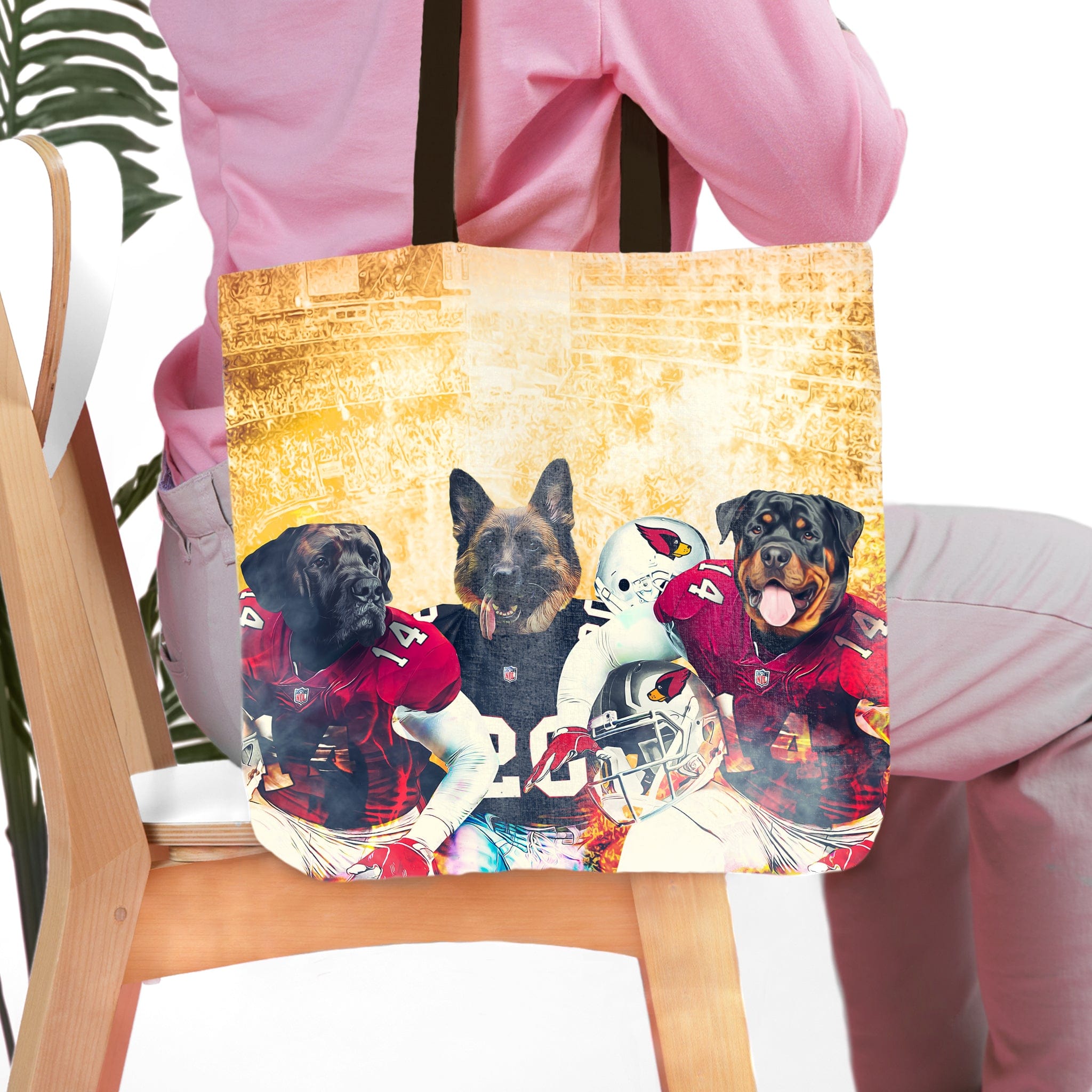 Personalized 3-pet tote bag featuring dogs in Arizona Cardinals football uniforms.