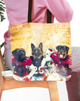 Personalized 3-pet tote bag featuring dogs in Arizona Cardinals football uniforms.