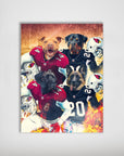 Personalized 'Arizona Doggos' poster featuring four pets as football players in Cardinals and Raiders uniforms.