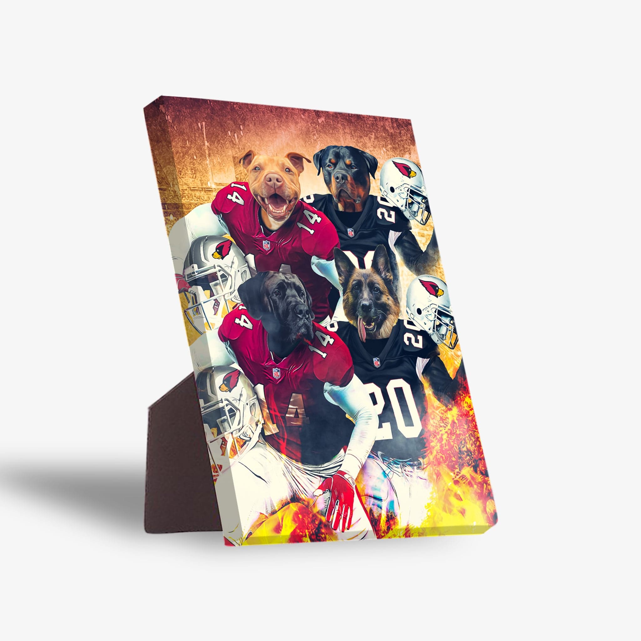 Personalized Arizona Doggos standing canvas featuring four pets in football jerseys with helmets and fiery effects.