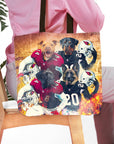Personalized 4 pet tote bag featuring dogs in Arizona Cardinals football uniforms.