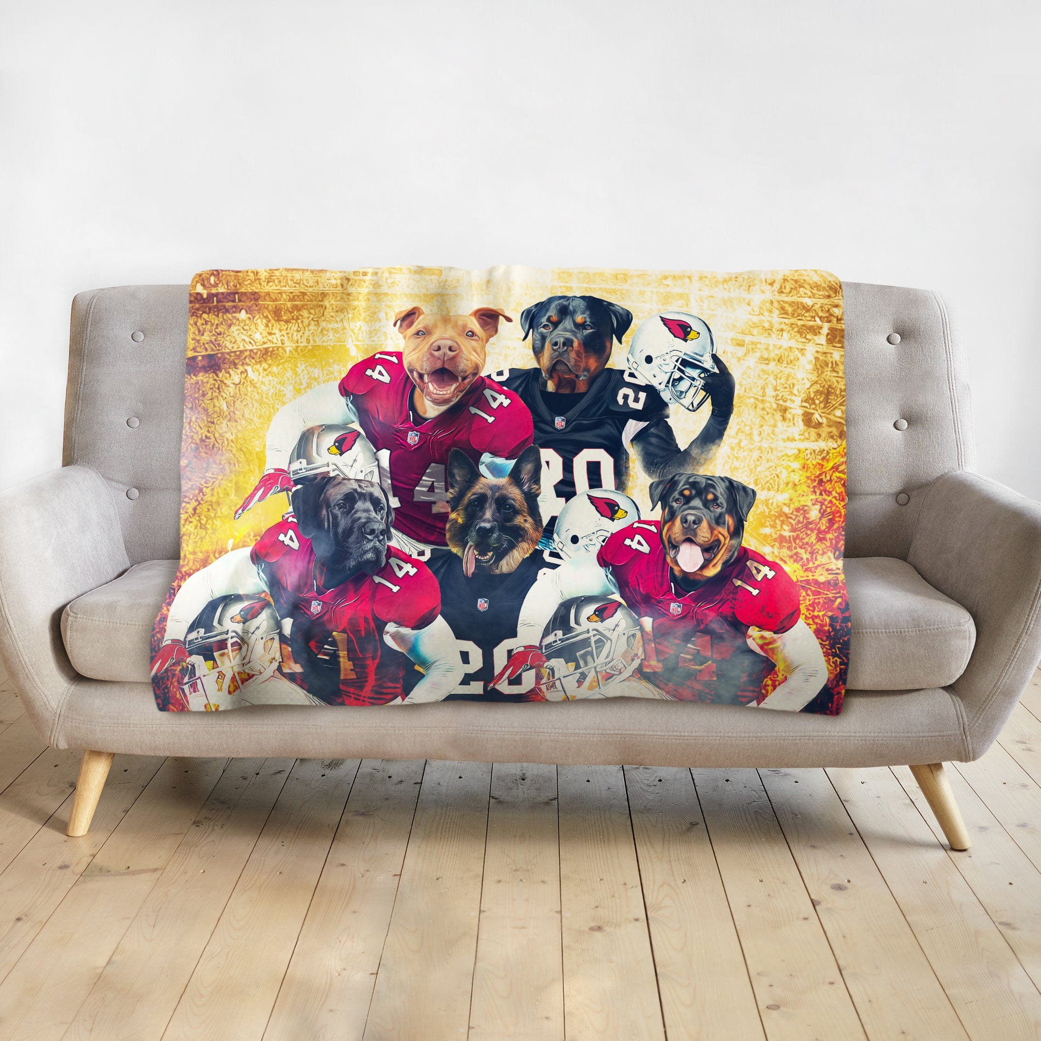 Personalized custom blanket with 5 dogs in Arizona Cardinals football uniforms.