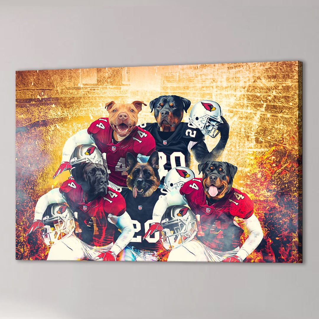 Personalized 'Arizona Doggos' 5 pet canvas featuring dogs in football uniforms against a stadium backdrop.
