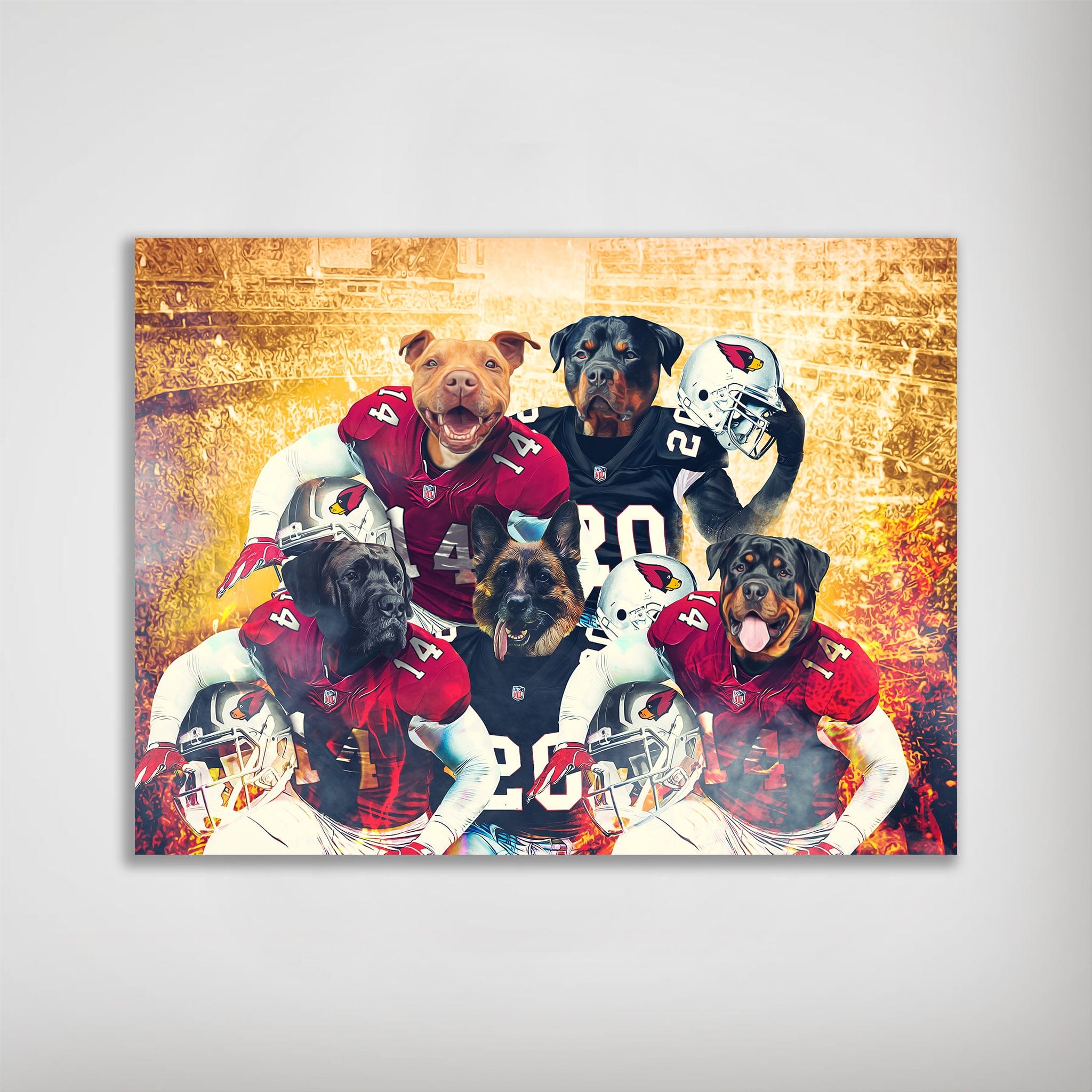 Personalized Arizona Doggos poster featuring five pets in Cardinals football jerseys.