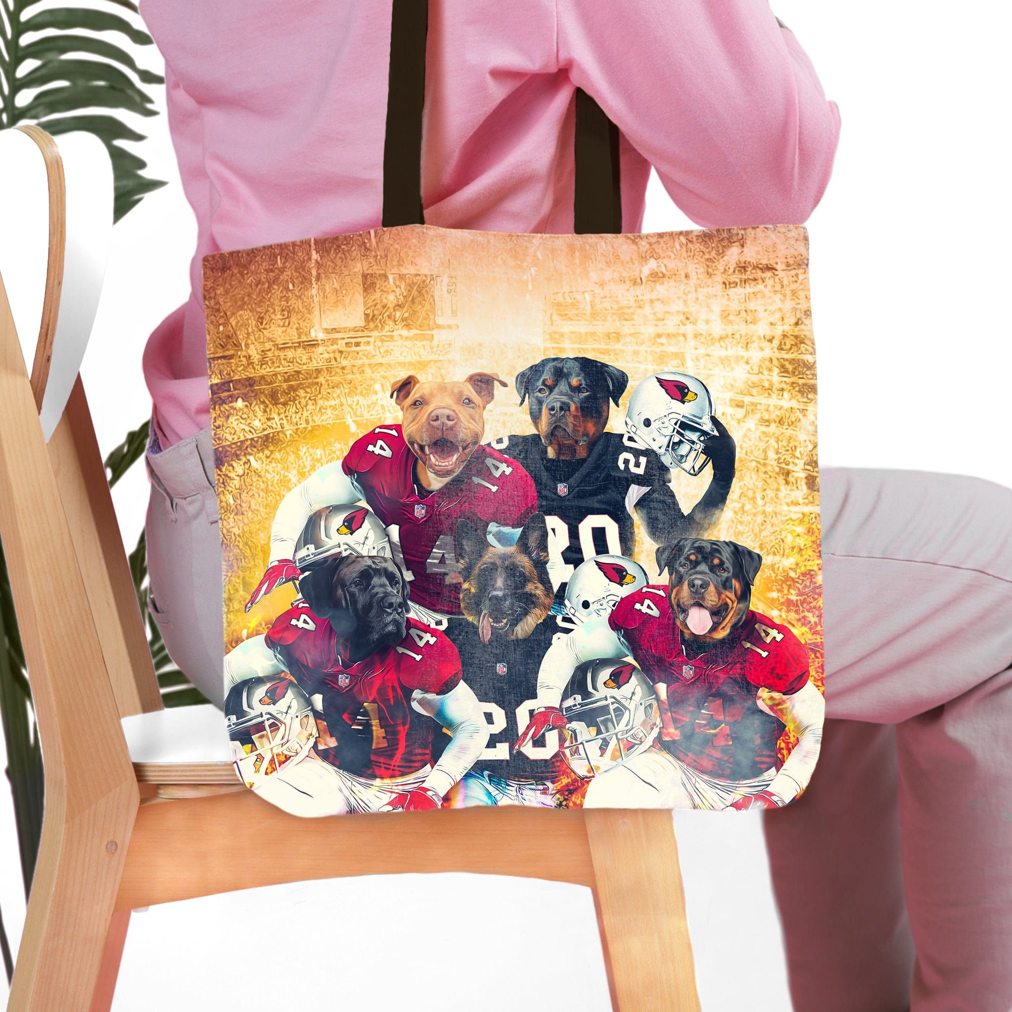 Personalized 5-pet Arizona Cardinals football team portrait tote bag.