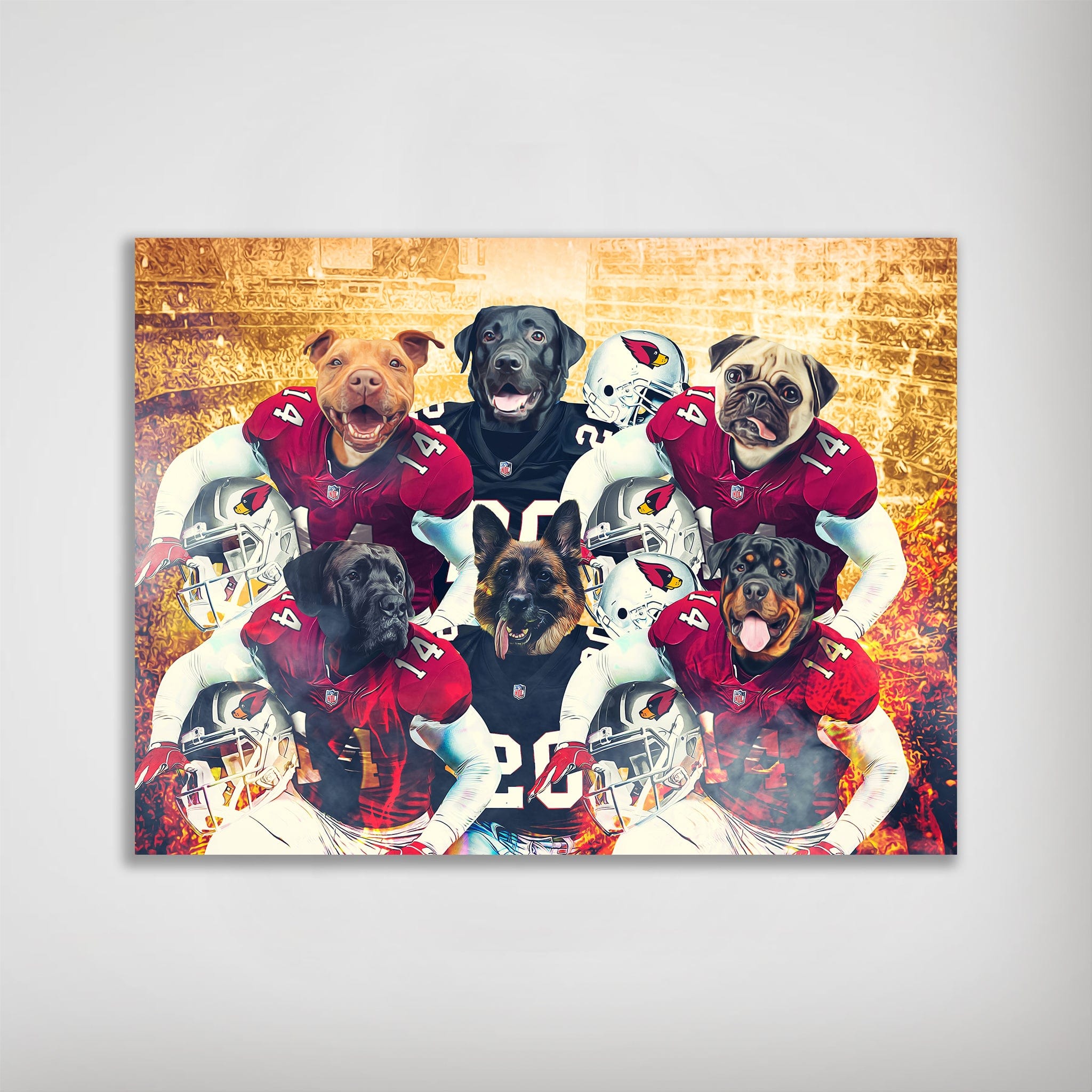 Personalized 'Arizona Doggos' 6-pet poster featuring dogs in Cardinals football jerseys against a fiery stadium backdrop.