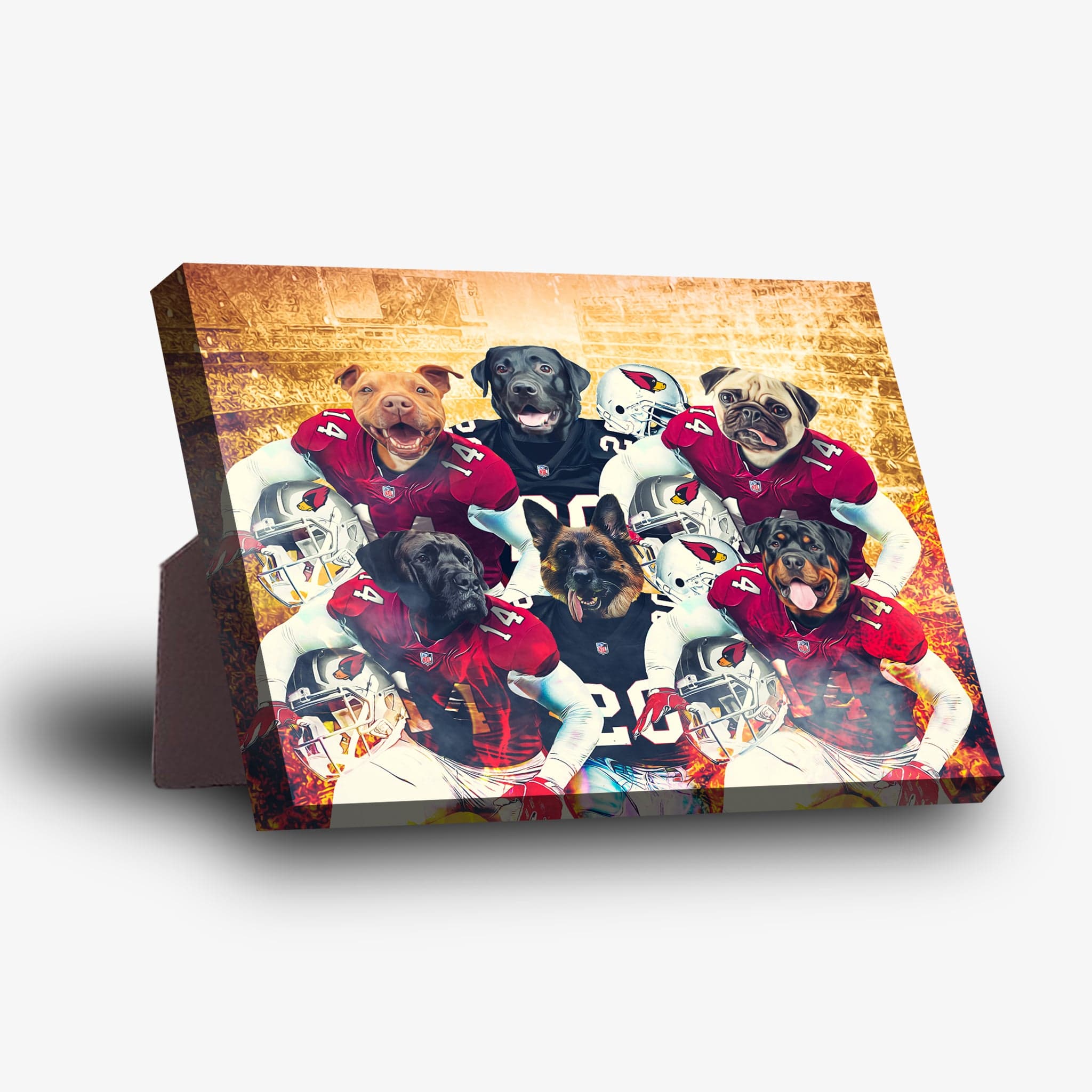 Personalized 'Arizona Doggos' standing canvas featuring six pets in red football jerseys.