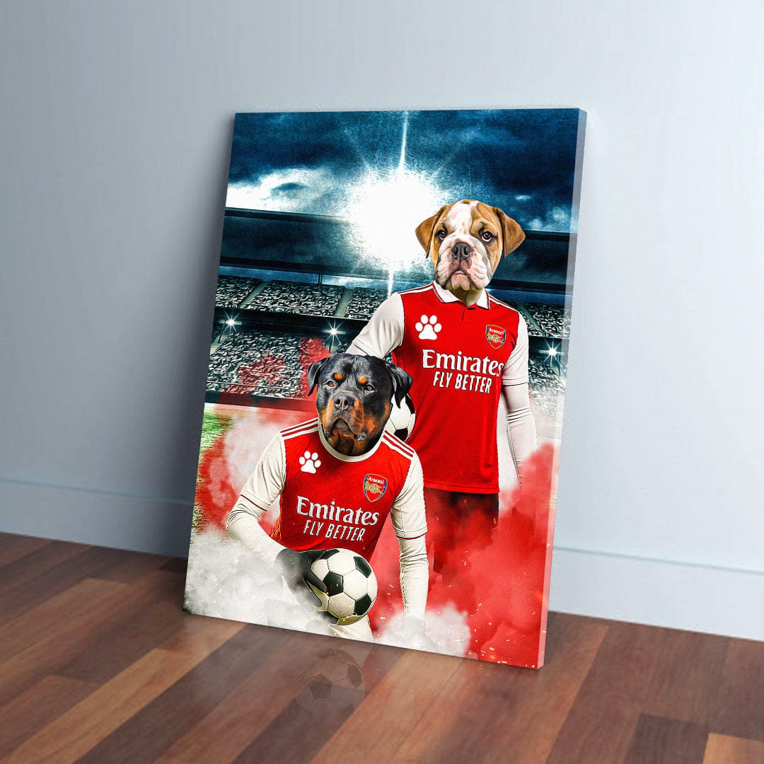 Personalized Arsenal Doggos Football canvas with two pets in red jerseys at a stadium.