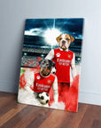 Personalized Arsenal Doggos Football canvas with two pets in red jerseys at a stadium.