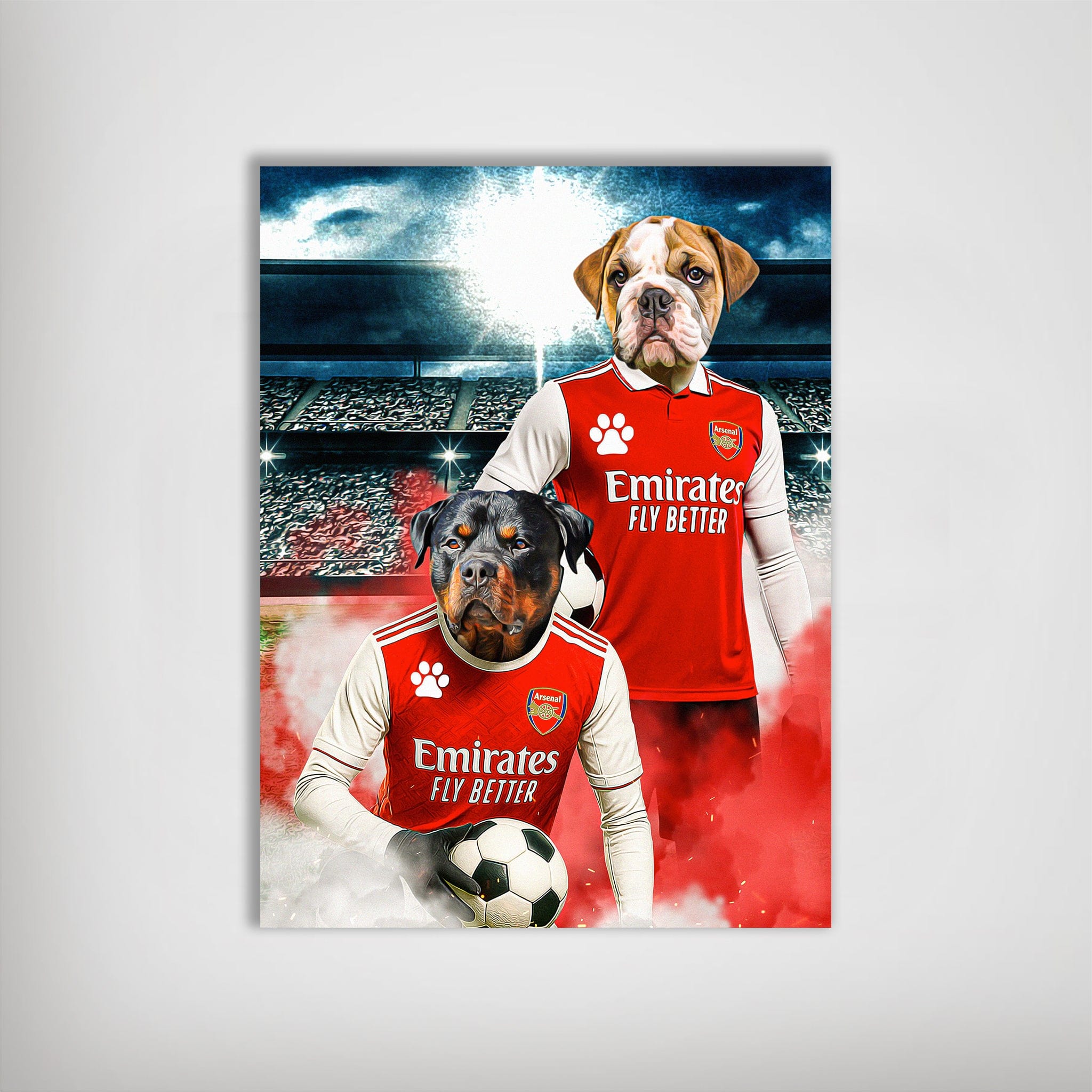 Personalized Arsenal Doggos Football poster featuring two pets in red jerseys on a stadium background.