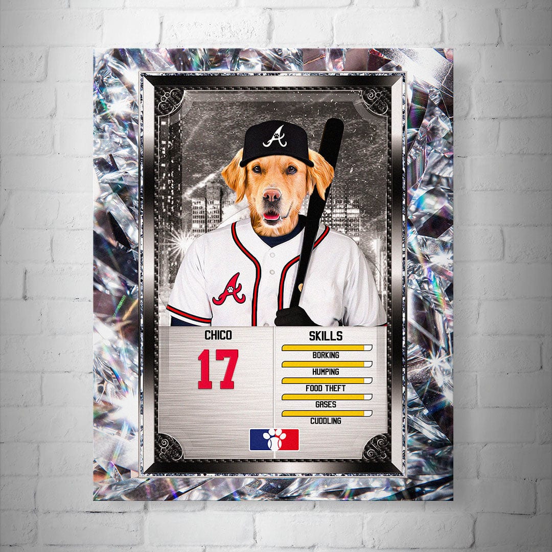 Personalized 8x10" Atlanta Braves baseball trading card poster featuring a golden retriever in a uniform.