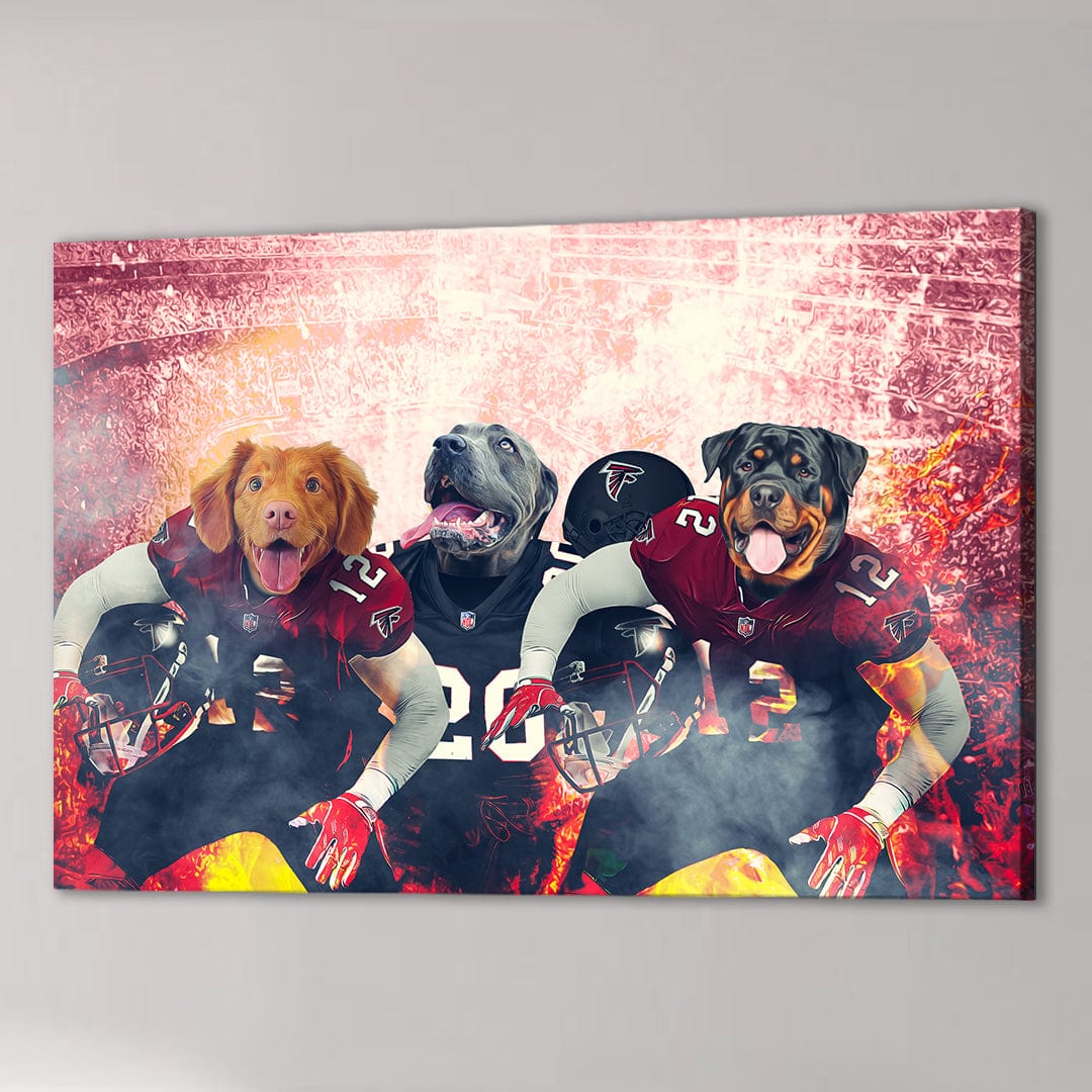 Personalized 3-pet canvas featuring a Nova Scotia Duck Tolling Retriever, Cane Corso, and Rottweiler in Atlanta Falcons football uniforms against a fiery stadium backdrop.