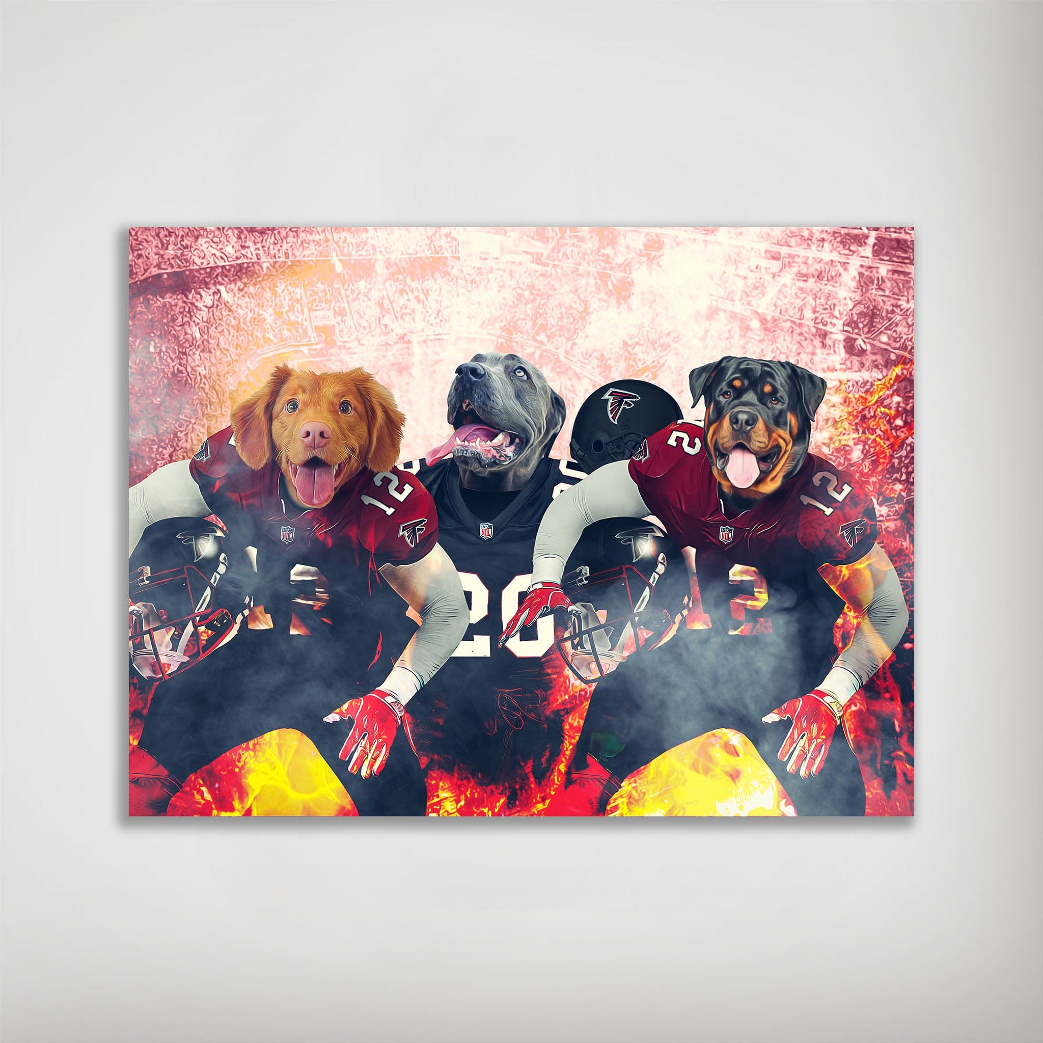 Personalized 'Atlanta Doggos' poster featuring three pets as football players in red and black jerseys.