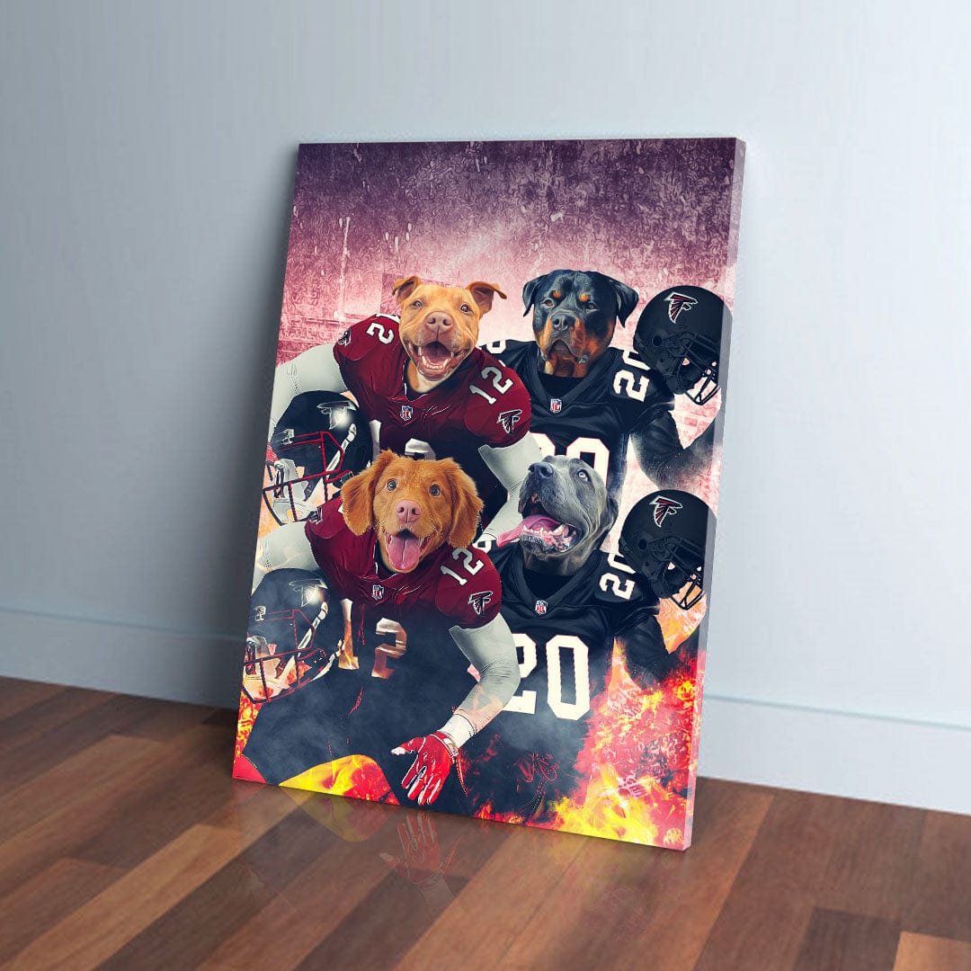 Four personalized dogs in Atlanta Falcons football jerseys on a canvas with a fiery background.