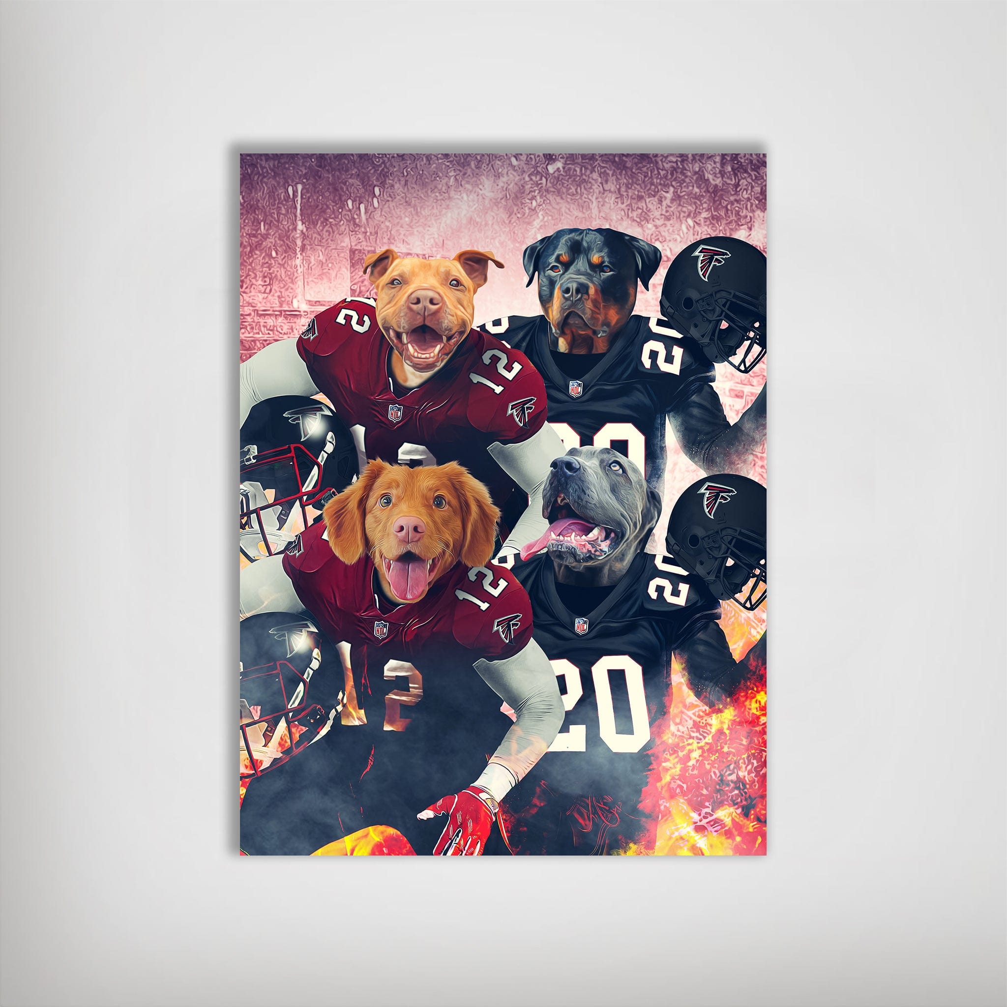 Personalized poster featuring four dogs in Atlanta Falcons football jerseys and helmets.