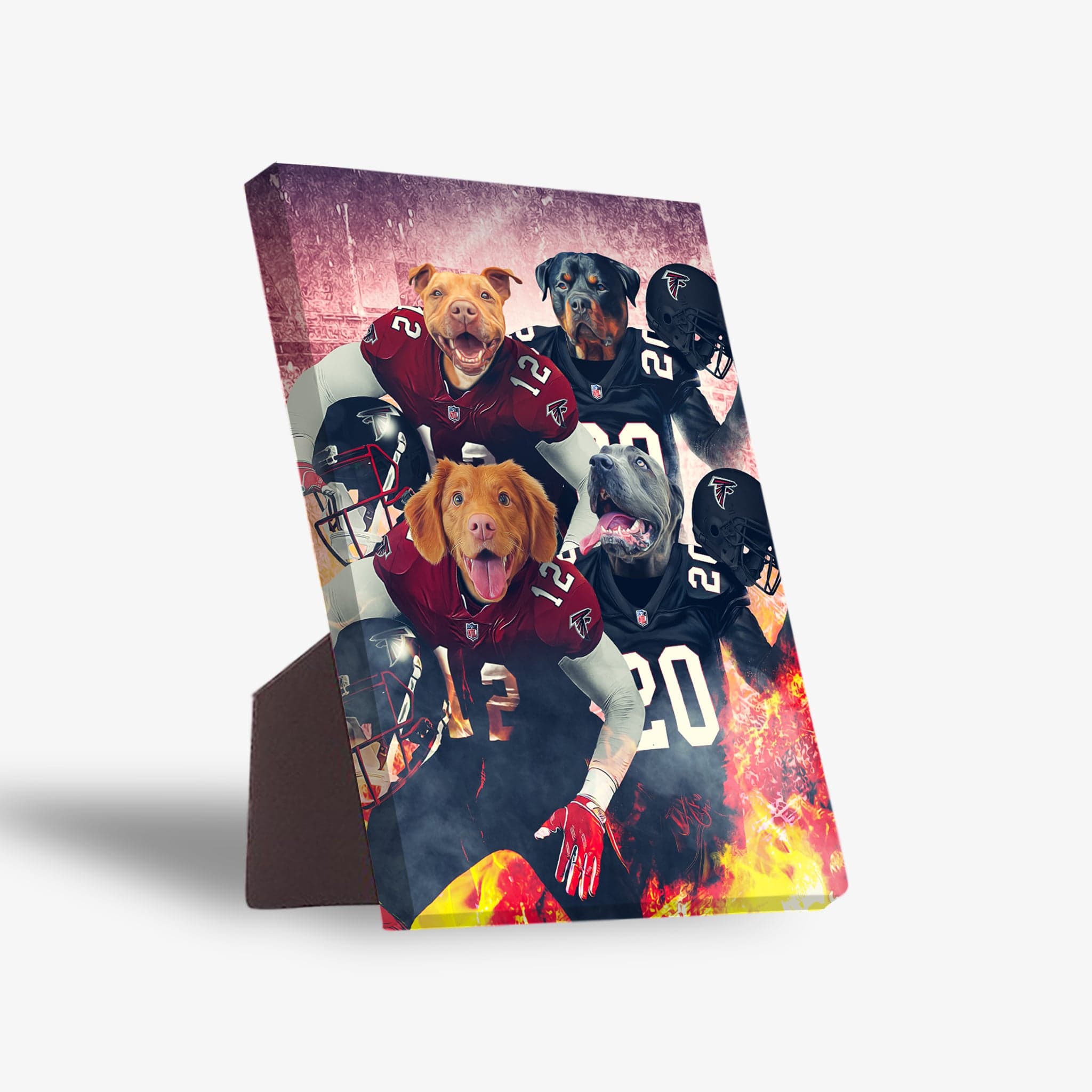 Personalized 4-pet standing canvas featuring dogs in Atlanta Falcons football jerseys with a fiery background.