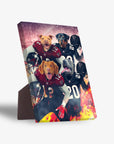 Personalized 4-pet standing canvas featuring dogs in Atlanta Falcons football jerseys with a fiery background.