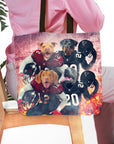 Personalized 4-pet tote bag featuring custom dog portraits in Atlanta Falcons football uniforms.