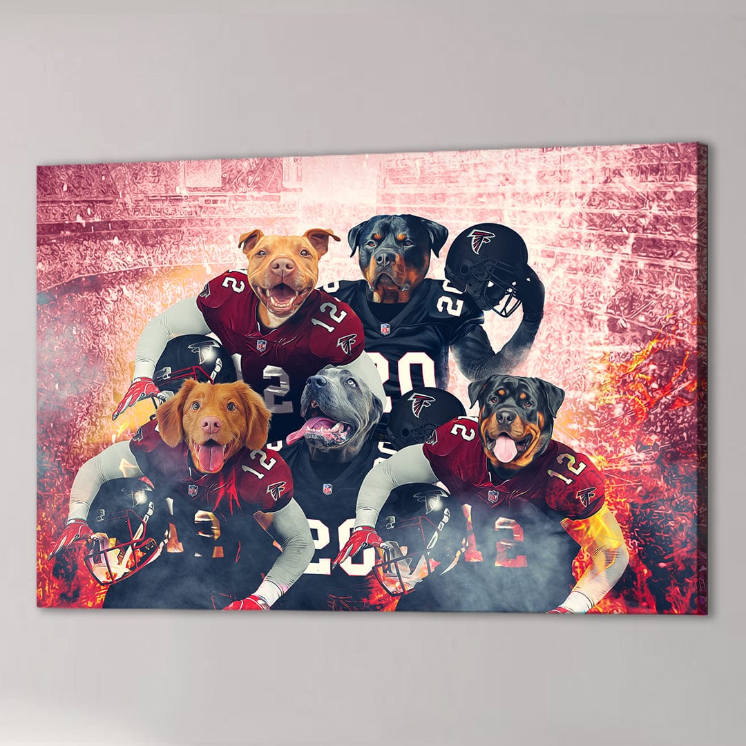 Personalized 5-pet canvas featuring dogs in Atlanta Falcons football uniforms against a stadium backdrop.