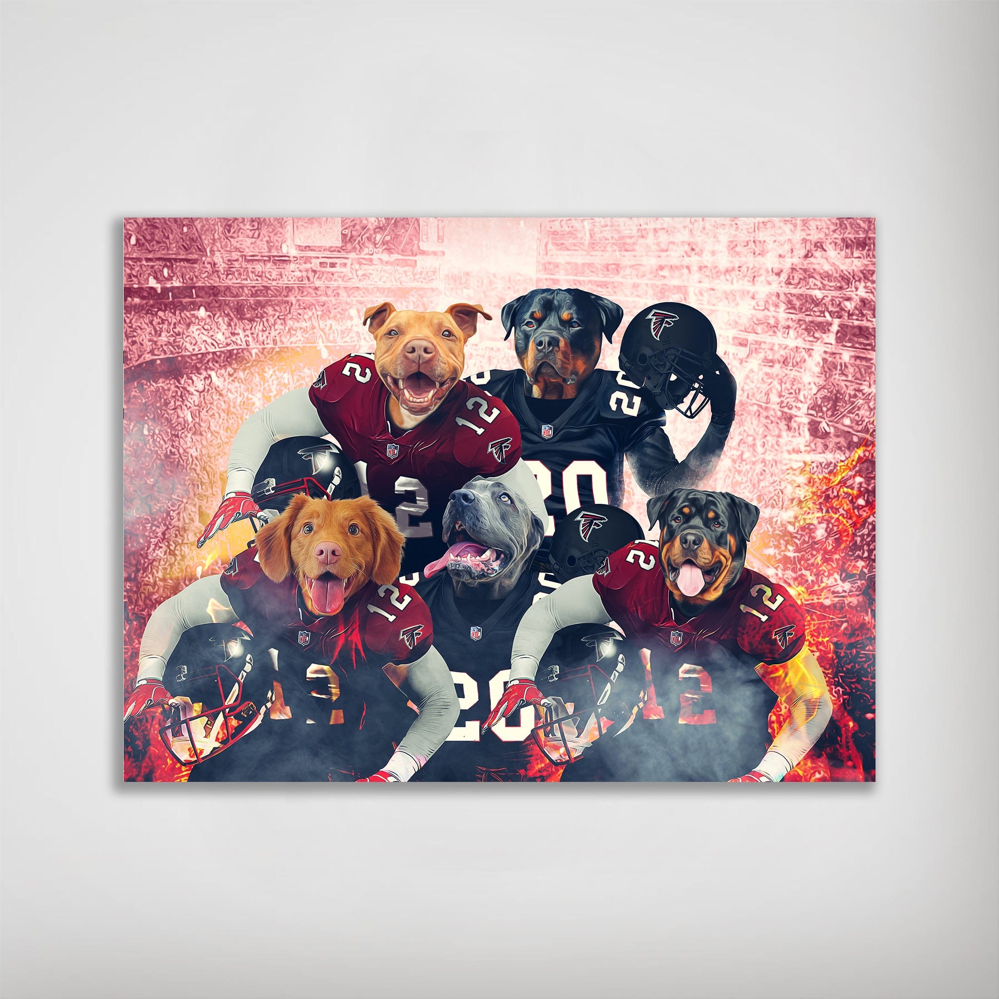 Personalized 'Atlanta Doggos' poster featuring five pets in football jerseys against a stadium backdrop.