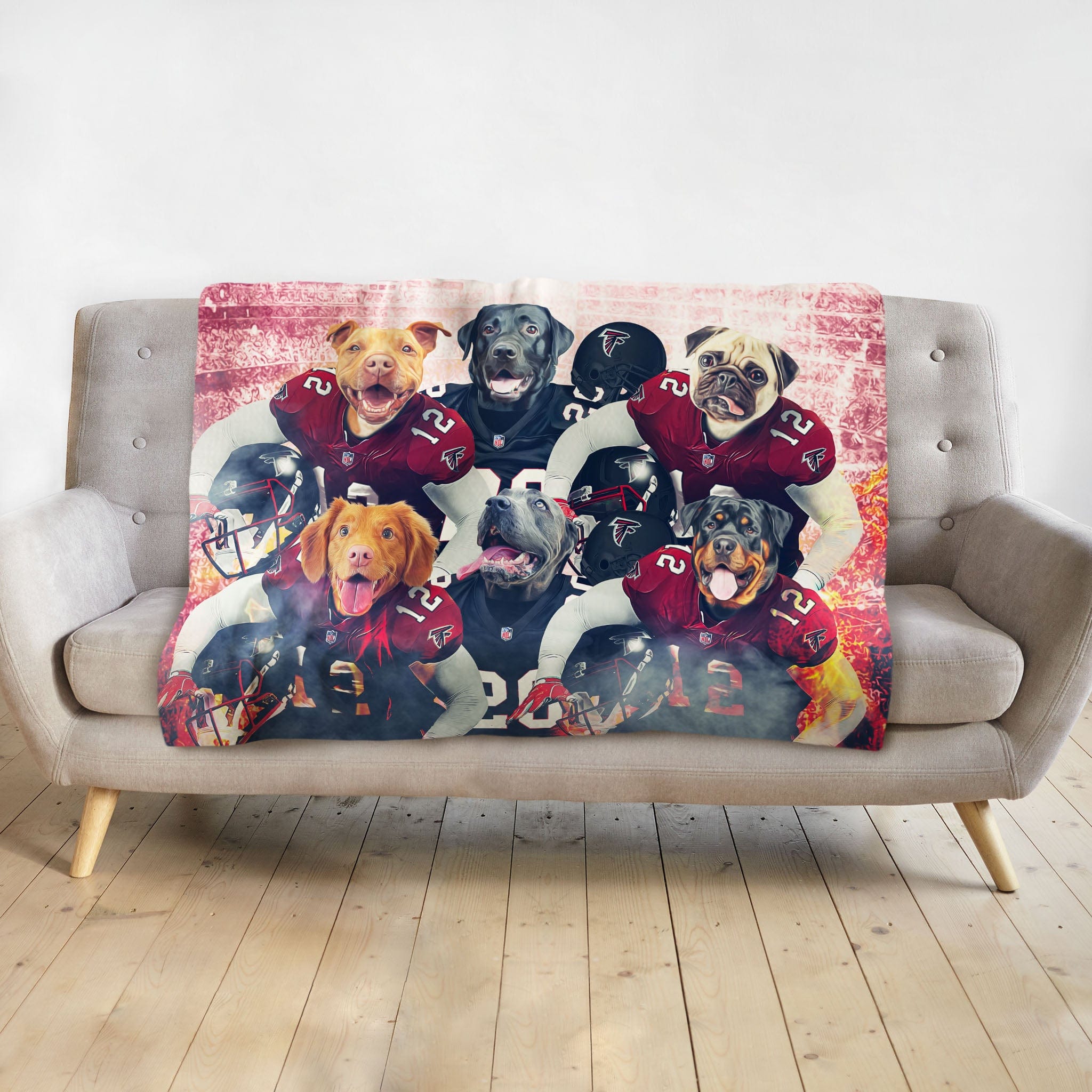 Personalized blanket with six dogs in Atlanta Falcons football uniforms.