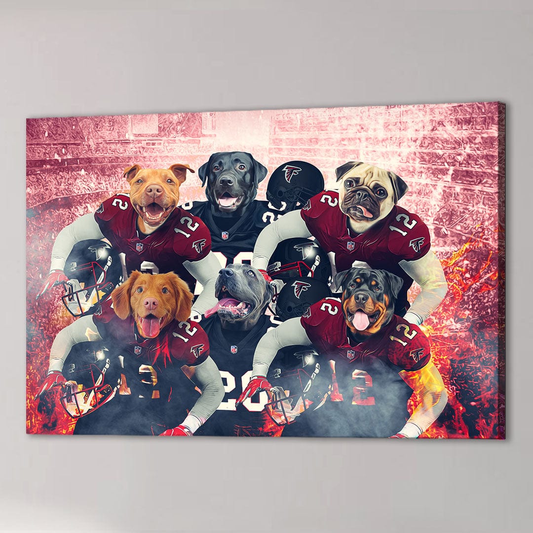 Personalized 6-pet canvas featuring dogs in red and black football uniforms against a stadium backdrop.