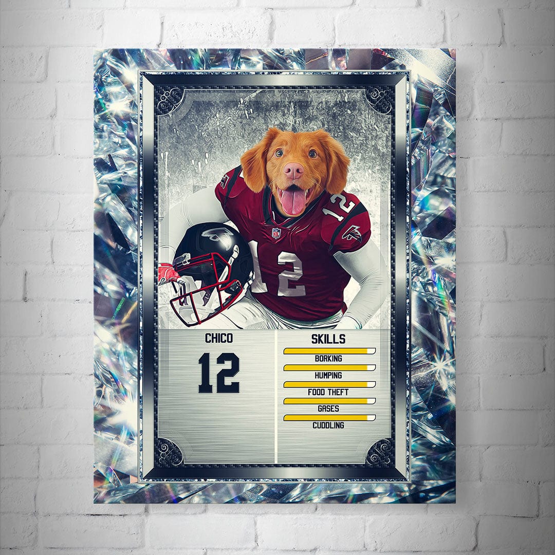 Personalized 8x10" matte football trading card poster featuring a dog in a red jersey, framed with a sparkling diamond design.