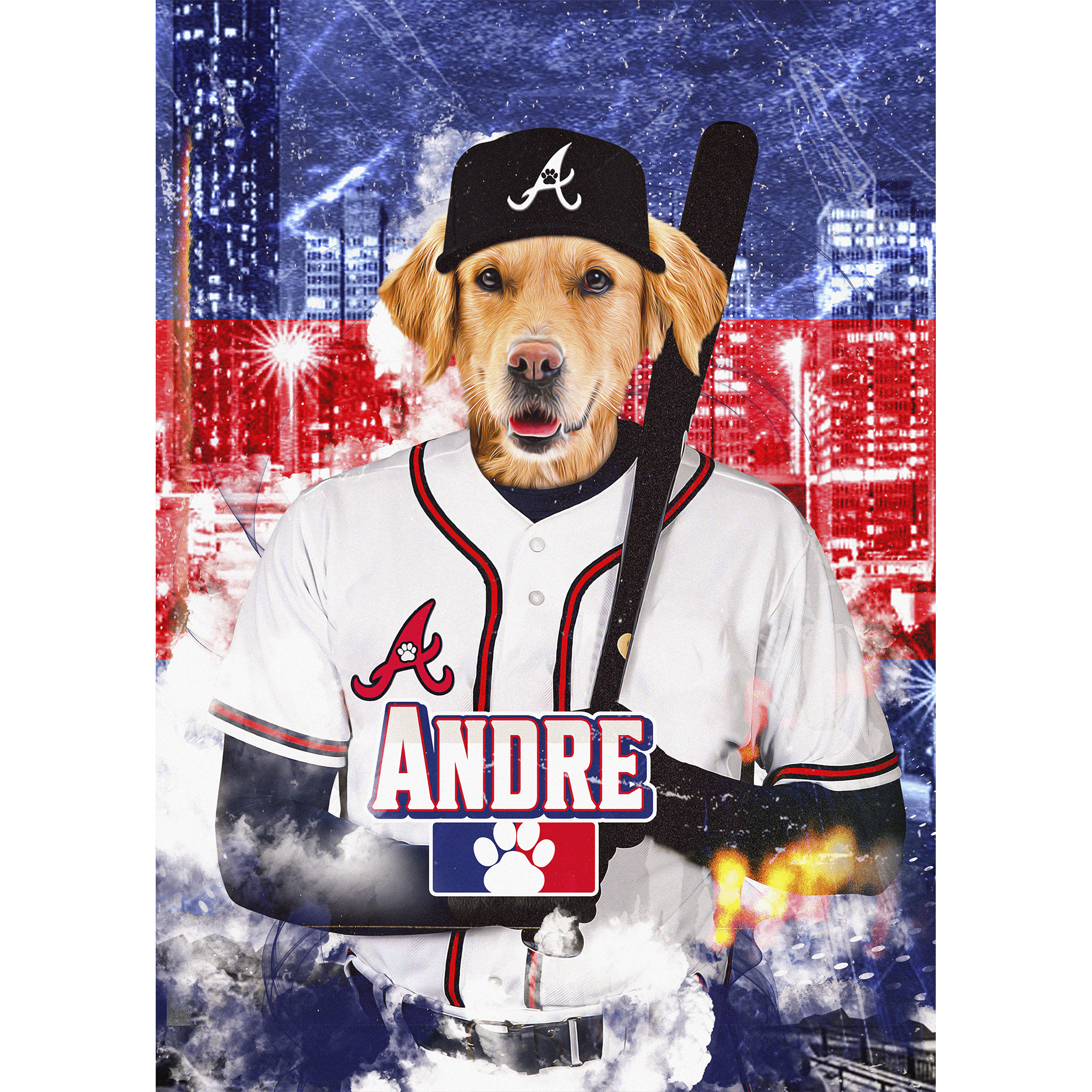 Custom digital portrait of a Golden Retriever dog in an Atlanta Braves baseball uniform, holding a bat.
