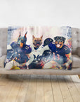 Personalized blanket with three dogs as football players in Baltimore Ravens uniforms.