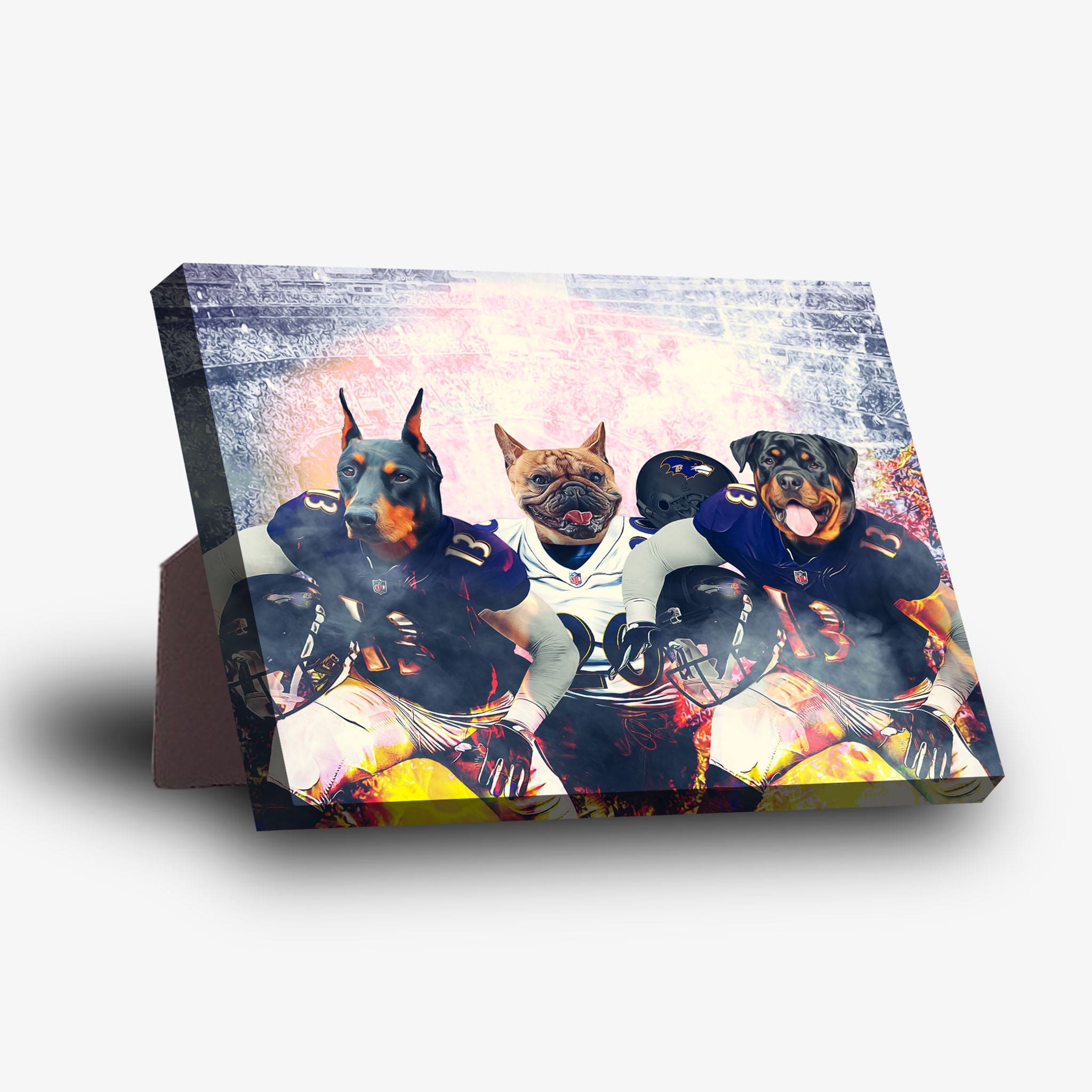 Personalized 3-pet standing canvas featuring a Doberman, French Bulldog, and Rottweiler in football uniforms.