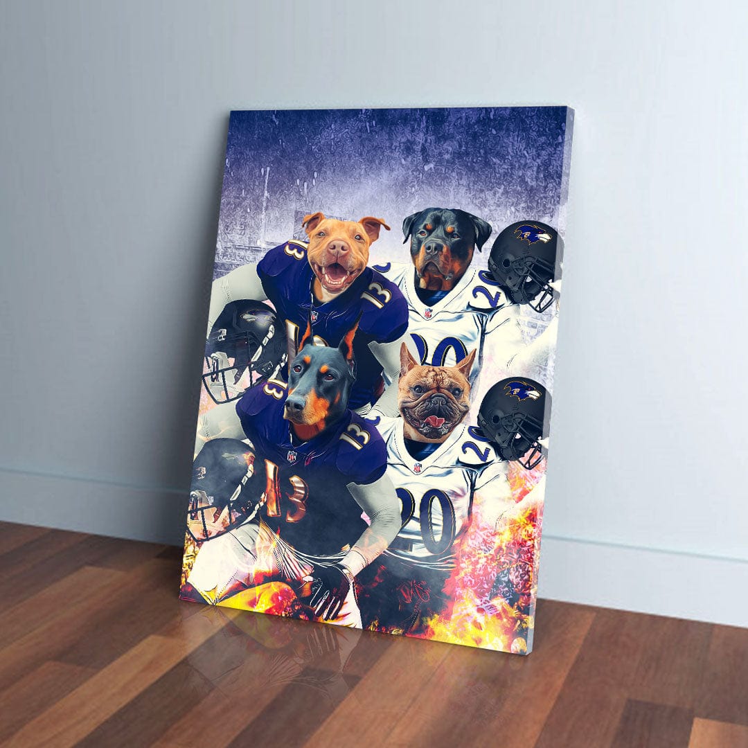 Personalized 4-pet canvas featuring dogs in purple and white football jerseys and helmets.