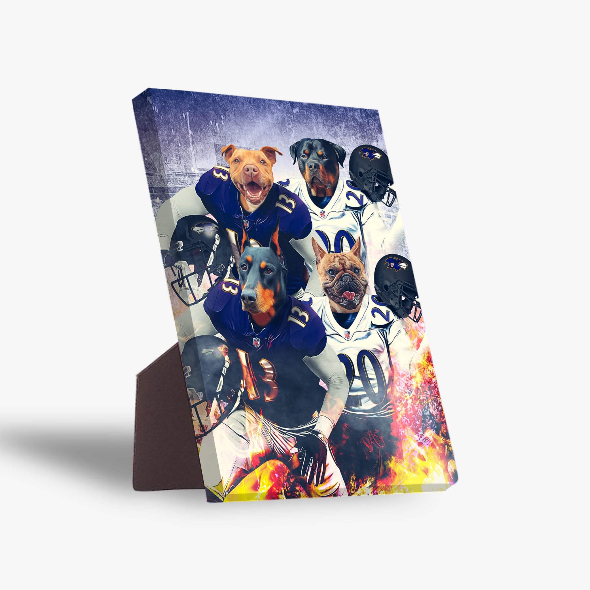 Personalized "Baltimore Doggos" standing canvas featuring four pets as football players in purple and white jerseys.