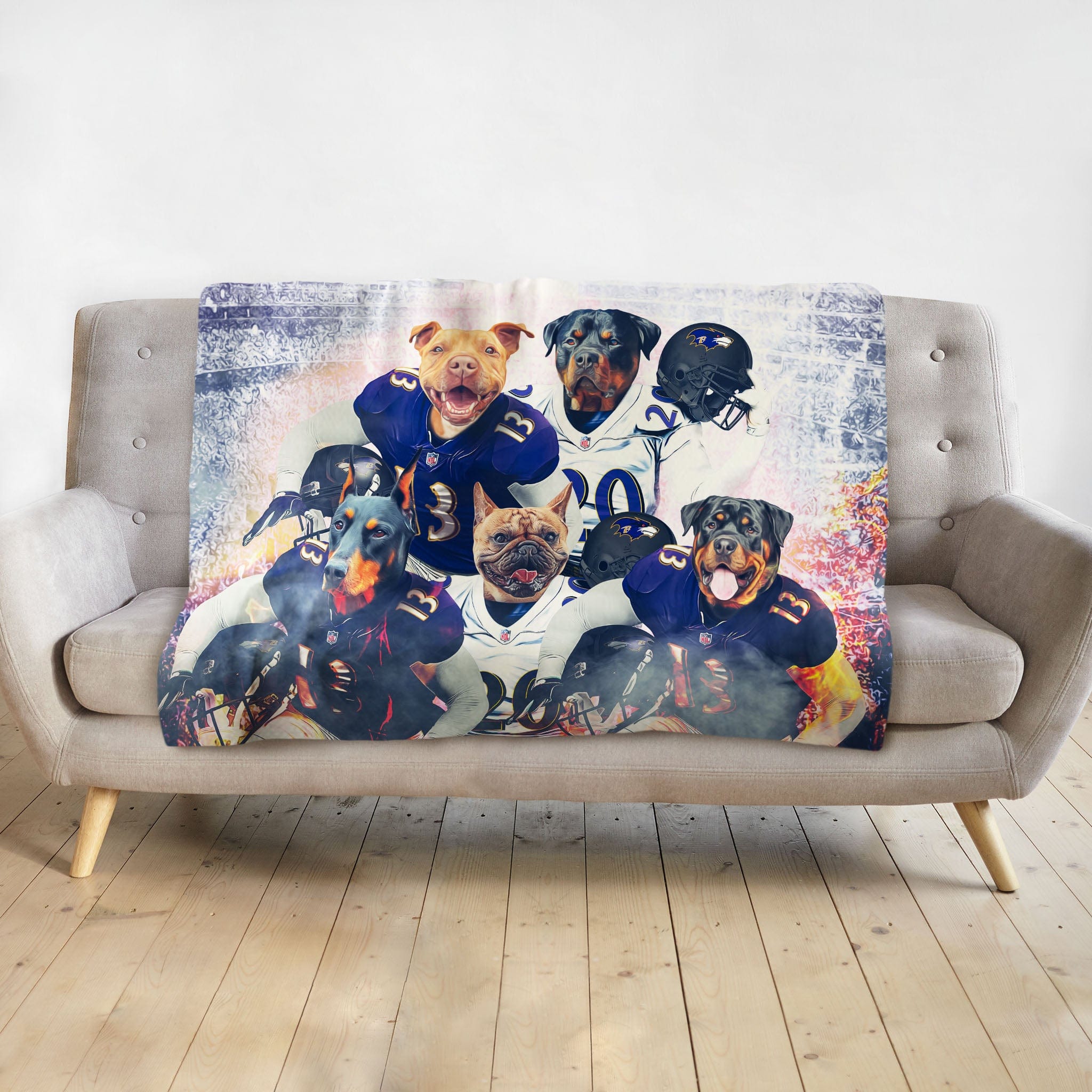 Personalized custom blanket with five dogs in football uniforms.