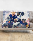 Personalized custom blanket with five dogs in football uniforms.