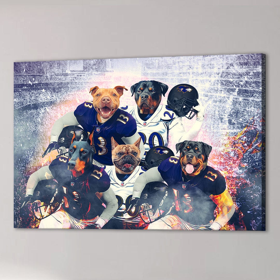Personalized 5-pet canvas featuring dogs in Baltimore Ravens football uniforms.