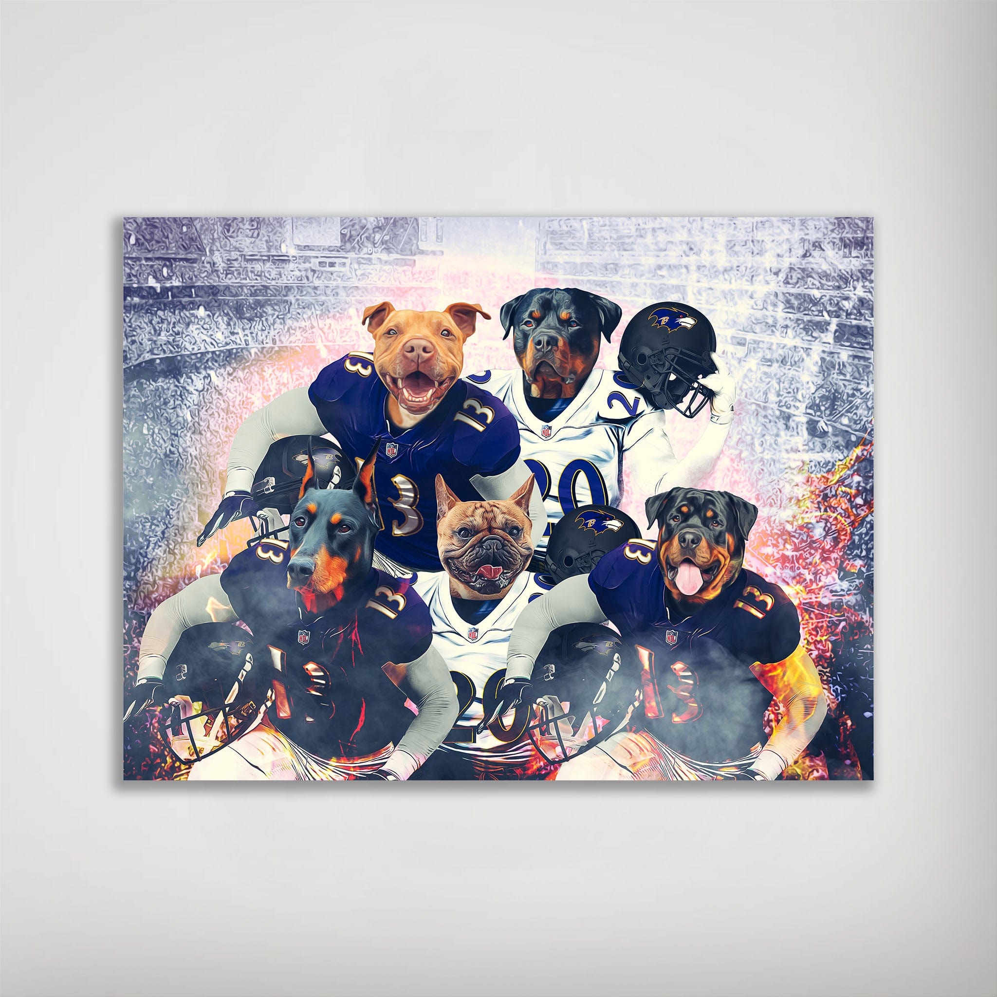 Personalized poster featuring five dogs in Baltimore Ravens football uniforms on a stadium background.