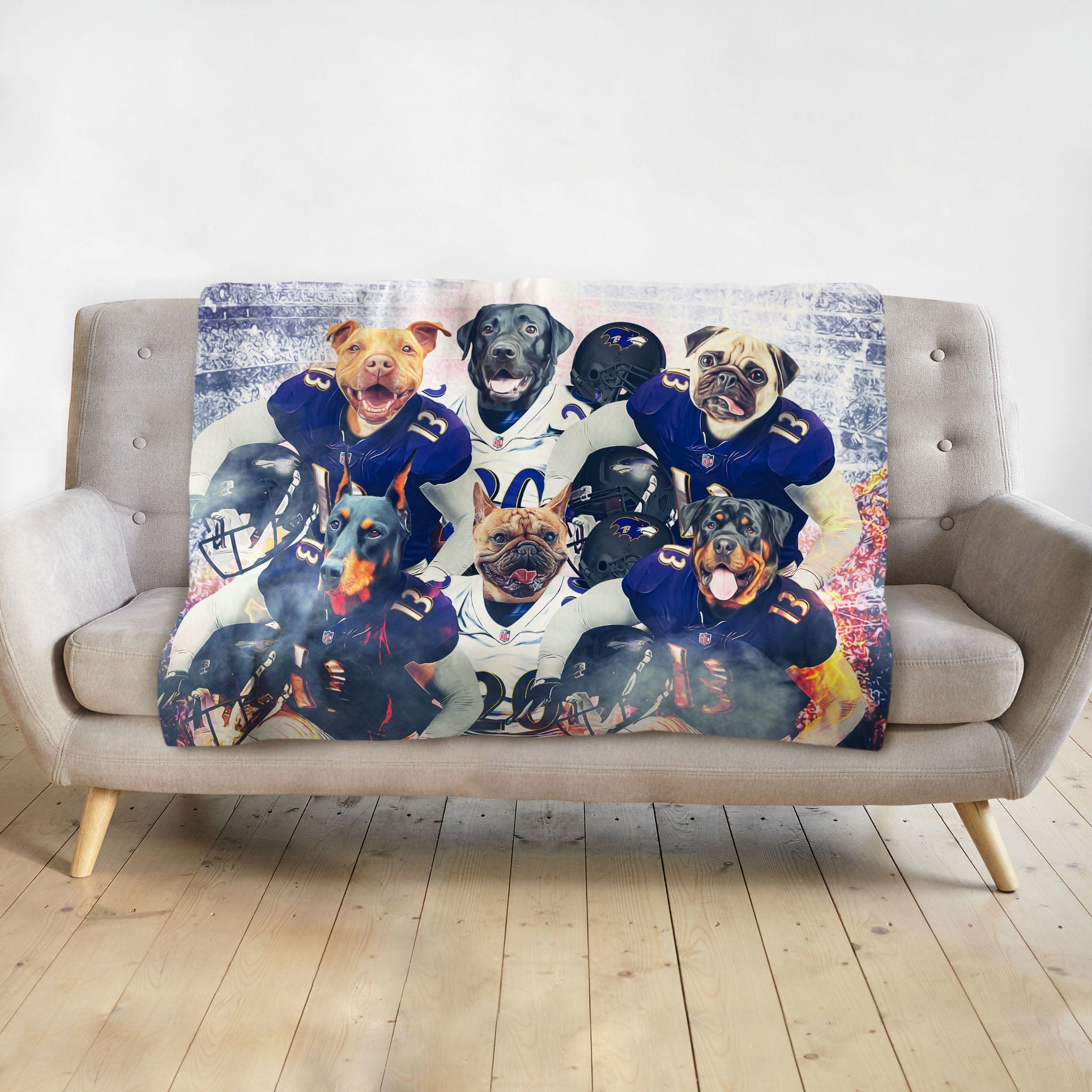 Personalized minky blanket with six pets as football players in blue and white uniforms.