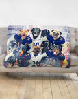 Personalized minky blanket with six pets as football players in blue and white uniforms.