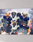 Personalized 6-pet canvas featuring dogs in purple and white football uniforms, set against a stadium backdrop.