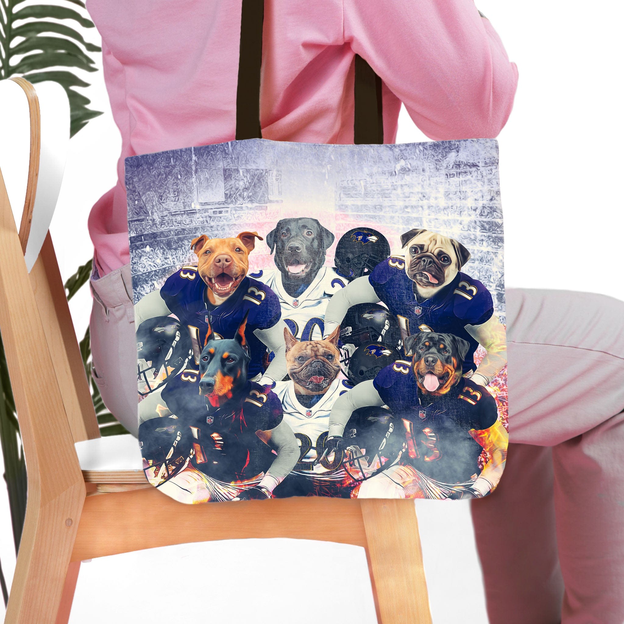 Personalized 6-pet tote bag featuring dogs in football uniforms against a stadium background.