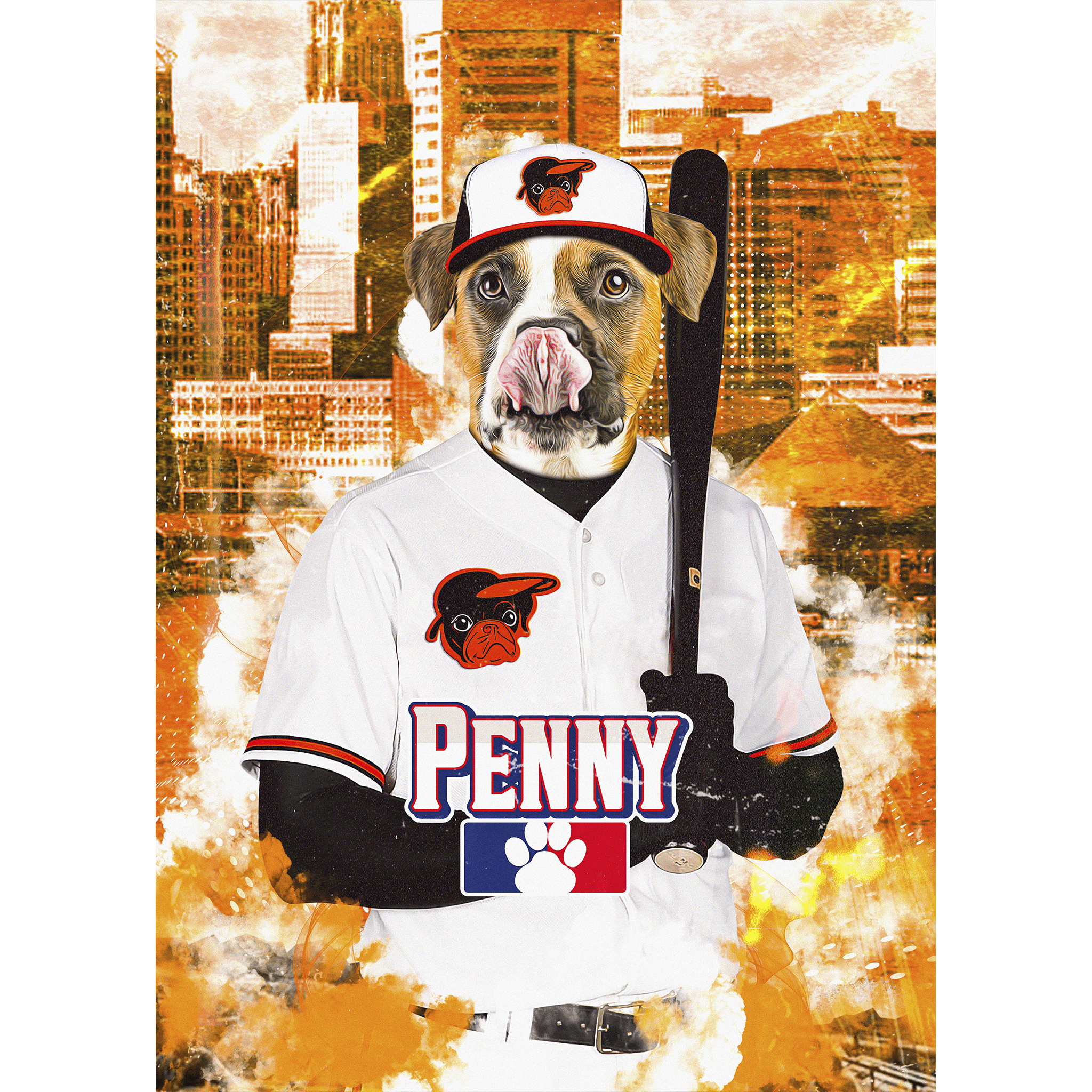 Personalized digital portrait of a dog in a Baltimore Dogorioles baseball uniform.