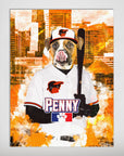 Personalized pet poster featuring a dog in a white baseball uniform with "PENNY" and a baseball bat, set against an orange city skyline.