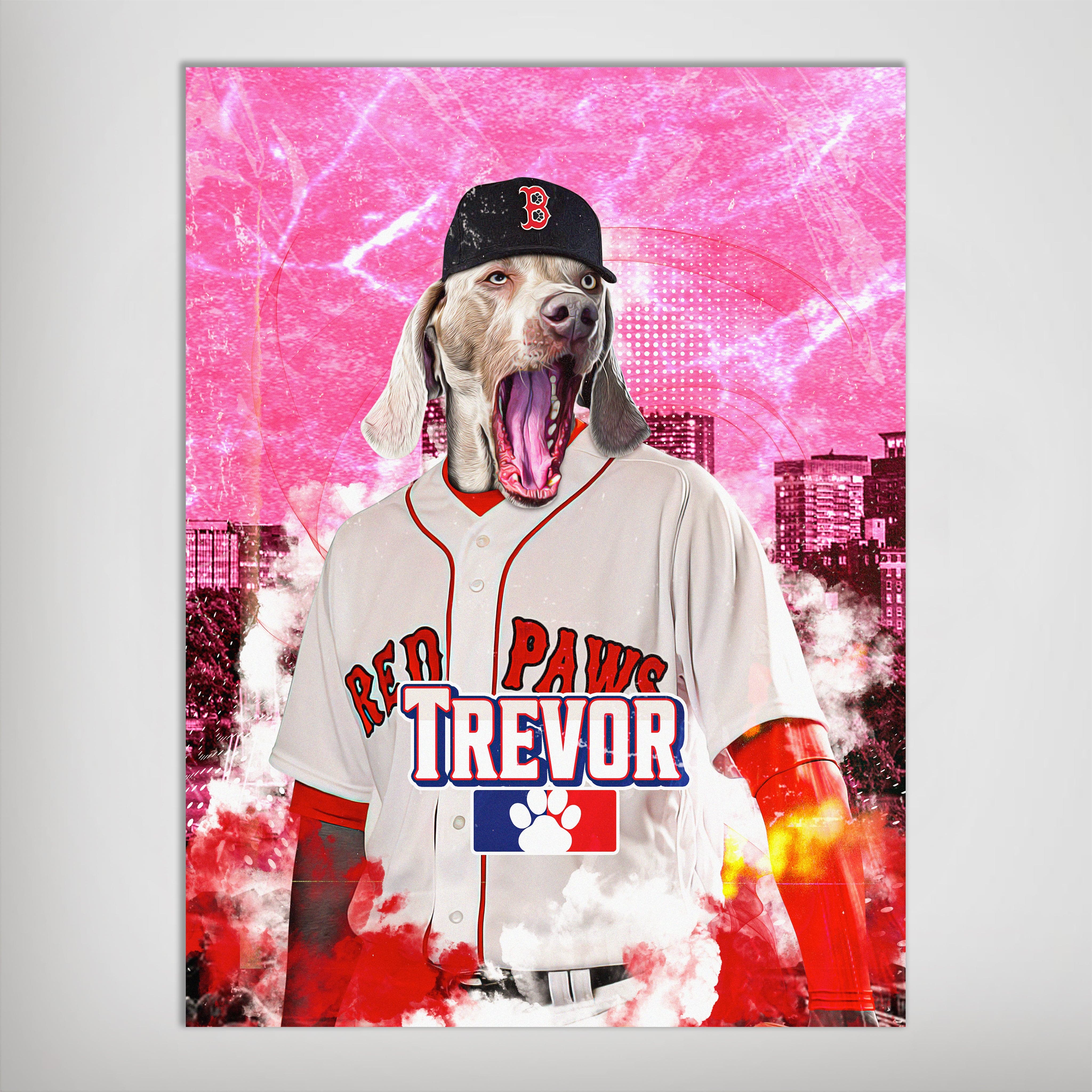 Personalized 'Boston Red Paws' pet poster featuring a Weimaraner in a baseball uniform with "TREVOR" and a team logo.