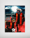 Personalized poster featuring a Rottweiler and a Pug in red and black football kits on a stadium background.